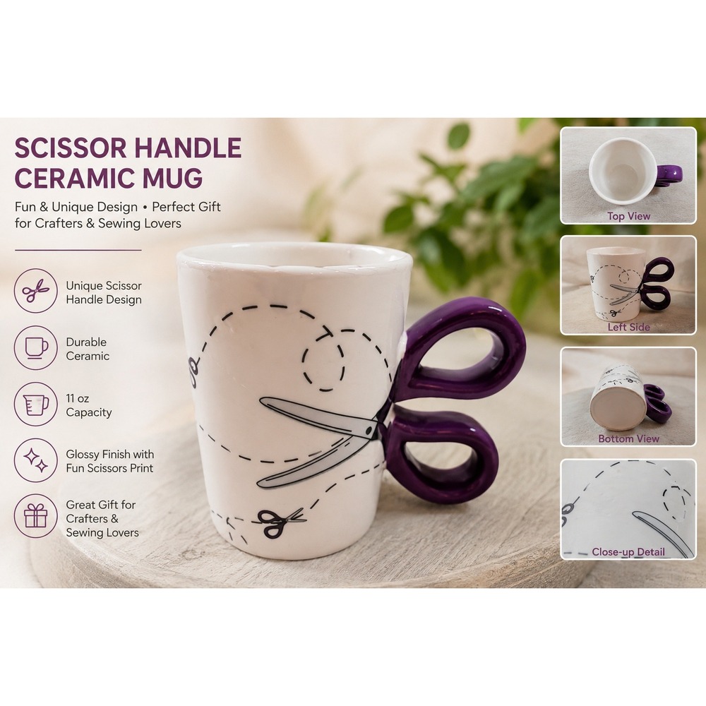 Novelty Sewing Scissor Handle Coffee Mug Purple White‎ Ceramic Crafting Cup 4in